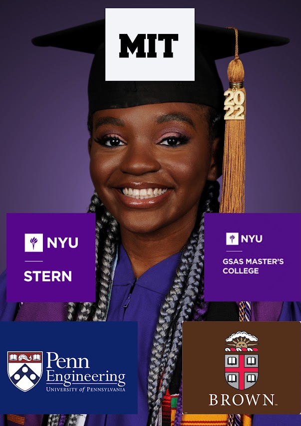 Gentle Ramirez in graduation regalia with MIT, NYU Stern, NYU GSAS, Penn Engineering, and Brown University logos